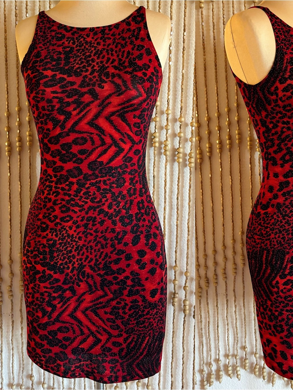 Vintage Y2K Red Black Animal Cheetah Sexy Goth Glam Stretchy Form Fitting Dress